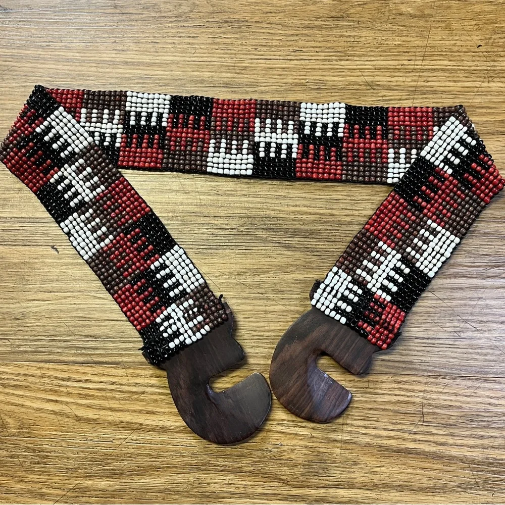 Boho Red Black Beaded Stretch Belt Wide Geometric Southwest Free People Festival
